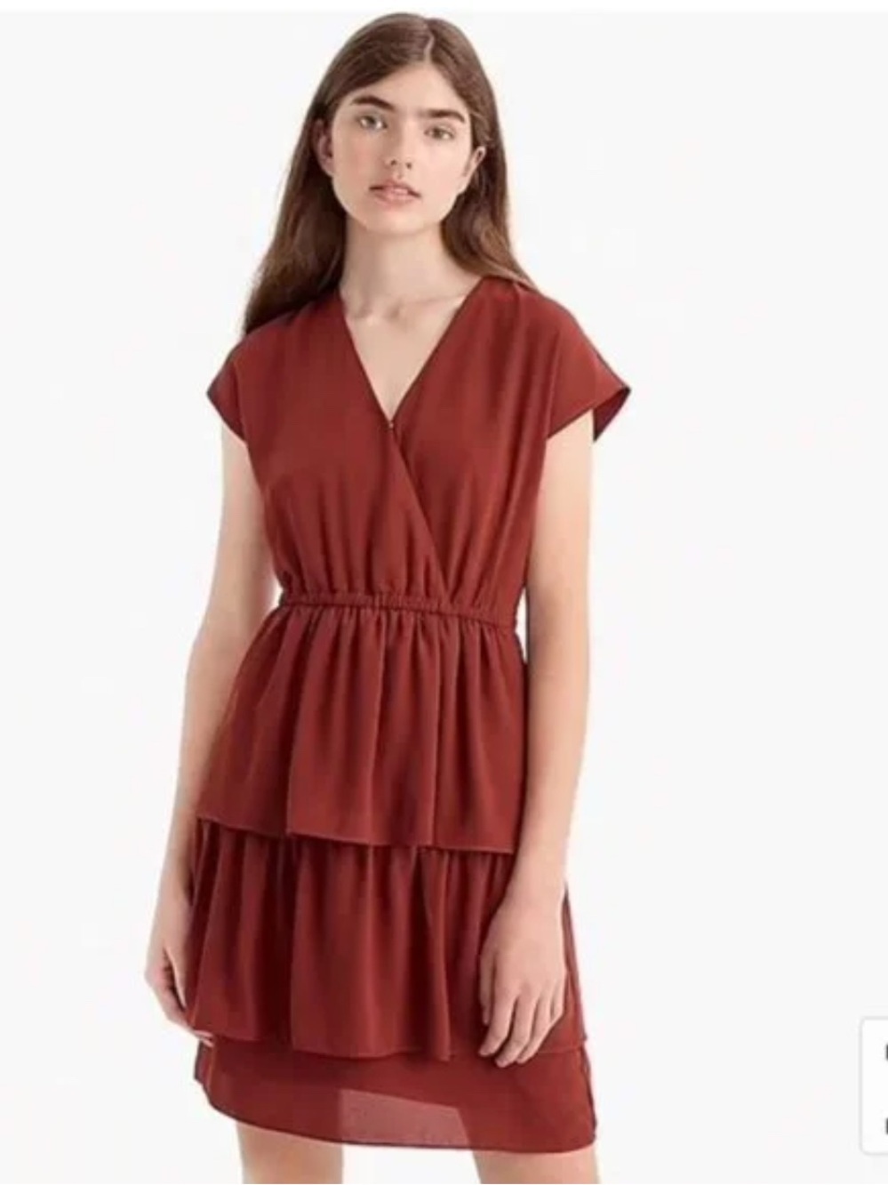 Point Sur Brick Red Tiered V-Neck Mini Dress Size-4 Romantic Simplicity